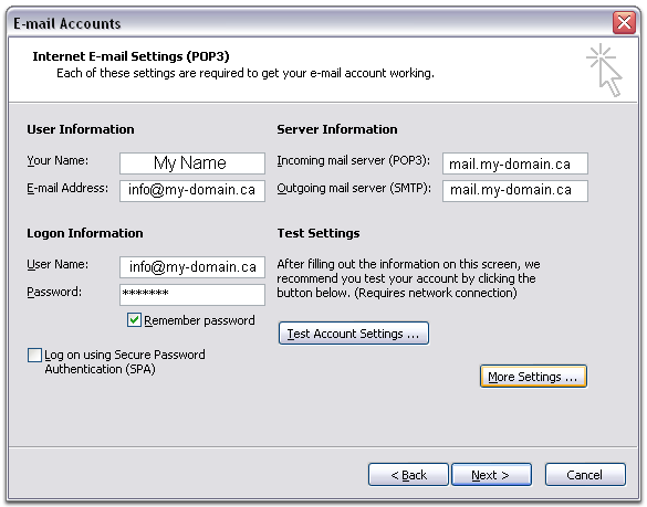 comcast email settings pop3 outlook